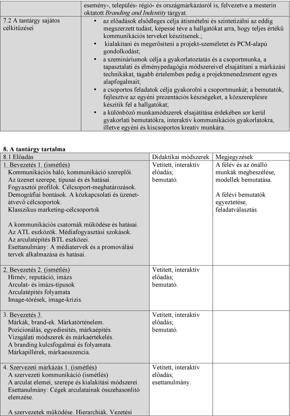 ; kialakítani és megerősíteni a projekt-személetet és PCM-alapú gondolkodást; a szemináriumok célja a gyakorlatoztatás és a csoportmunka, a tapasztalati és élménypedagógia módszereivel elsajátítani a