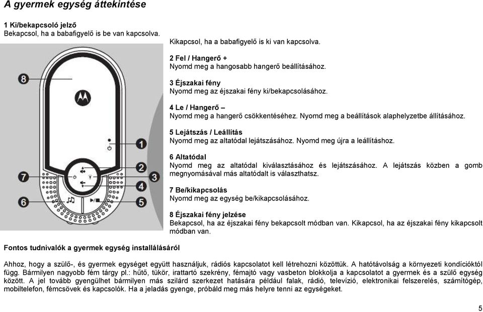 4 Le / Hangerő Nyomd meg a hangerő csökkentéséhez. Nyomd meg a beállítások alaphelyzetbe állításához. 5 Lejátszás / Leállítás Nyomd meg az altatódal lejátszásához. Nyomd meg újra a leállításhoz.