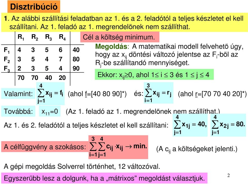 Ekkor: x ij, ahol i és j Valamint: x ij = f i (ahol f=[ 8 9]*) és: x ij = r j (ahol r=[7 7 2]*) j= Továbbá: x = (Az. feladó az. megrendelőnek nem szállíthat.) Az. és 2.