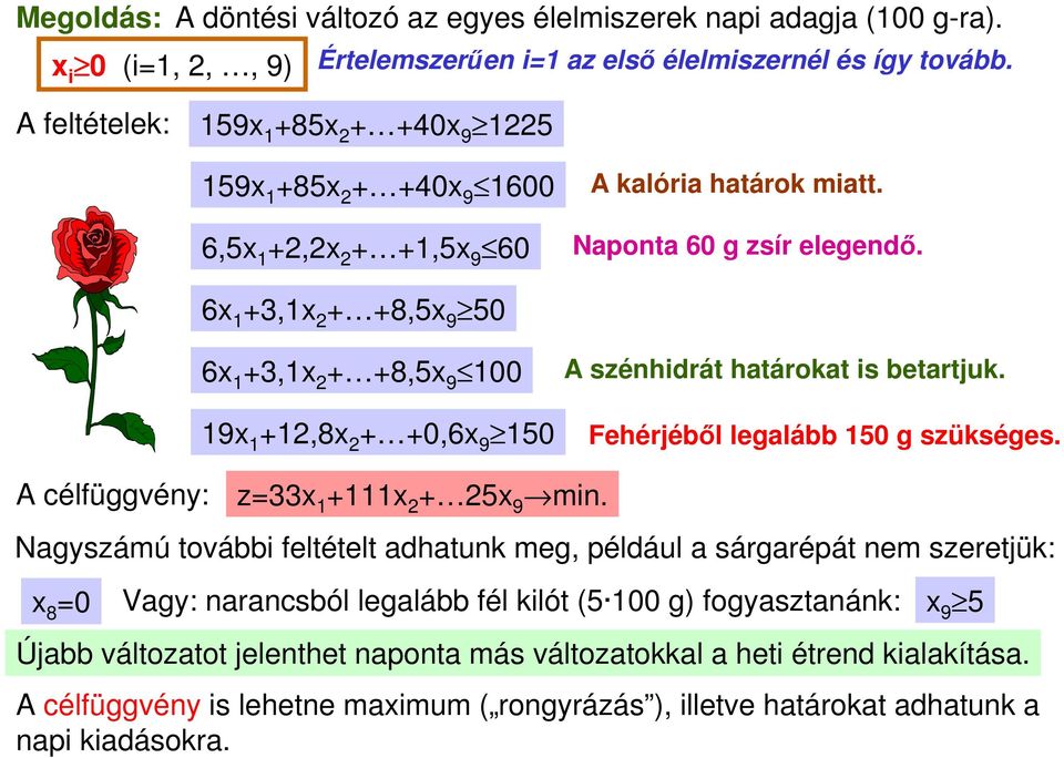 6x +,x 2 + +8,5x 9 5 6x +,x 2 + +8,5x 9 9x +2,8x 2 + +,6x 9 5 A szénhidrát határokat is betartjuk. Fehérjéből legalább 5 g szükséges. A célfüggvény: z=x +x 2 + 25x 9 min.