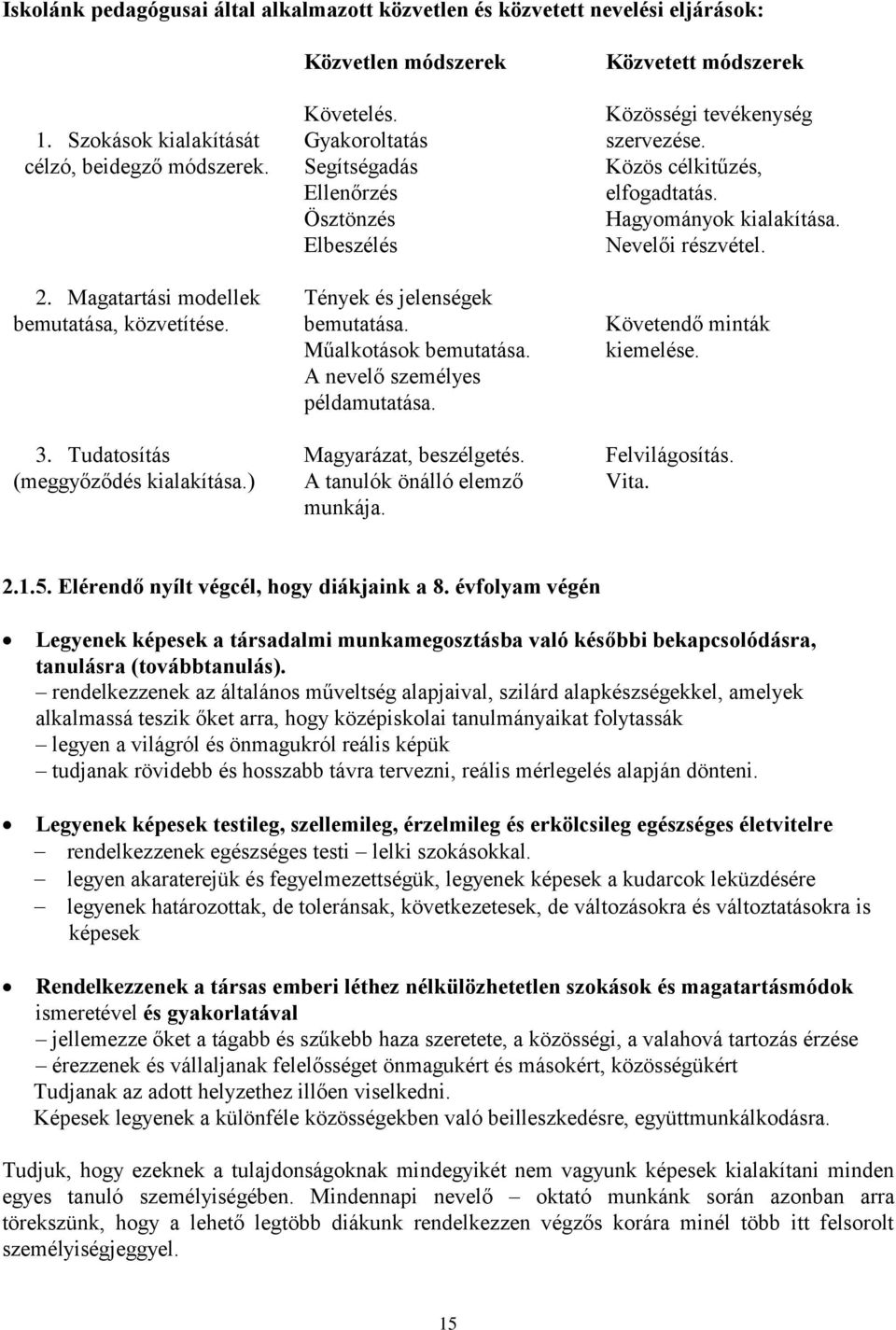 Magatartási modellek Tények és jelenségek bemutatása, közvetítése. bemutatása. Követendő minták Műalkotások bemutatása. kiemelése. A nevelő személyes példamutatása. 3.