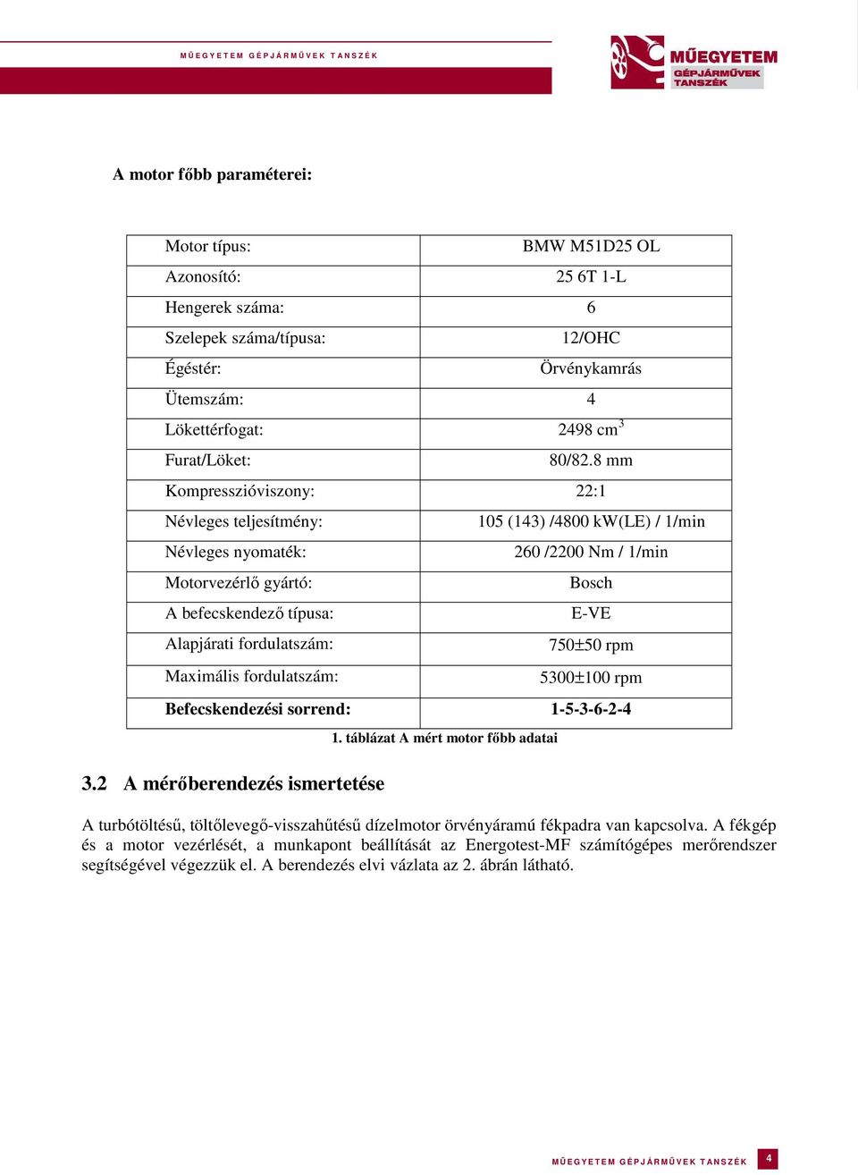 260 /2200 Nm / 1/min Bosch E-VE 750±50 rpm 5300±100 rpm Befecskendezési sorrend: 1-5-3-6-2-4 3.2 A mérőberendezés ismertetése 1.