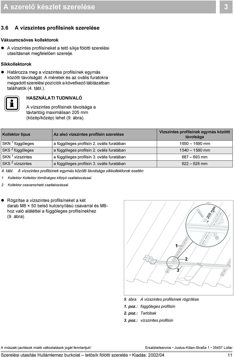 A vízszintes profilsínek távolsága a távtartóig maximálisan 05 mm (közép/közép) lehet (9. ábra).