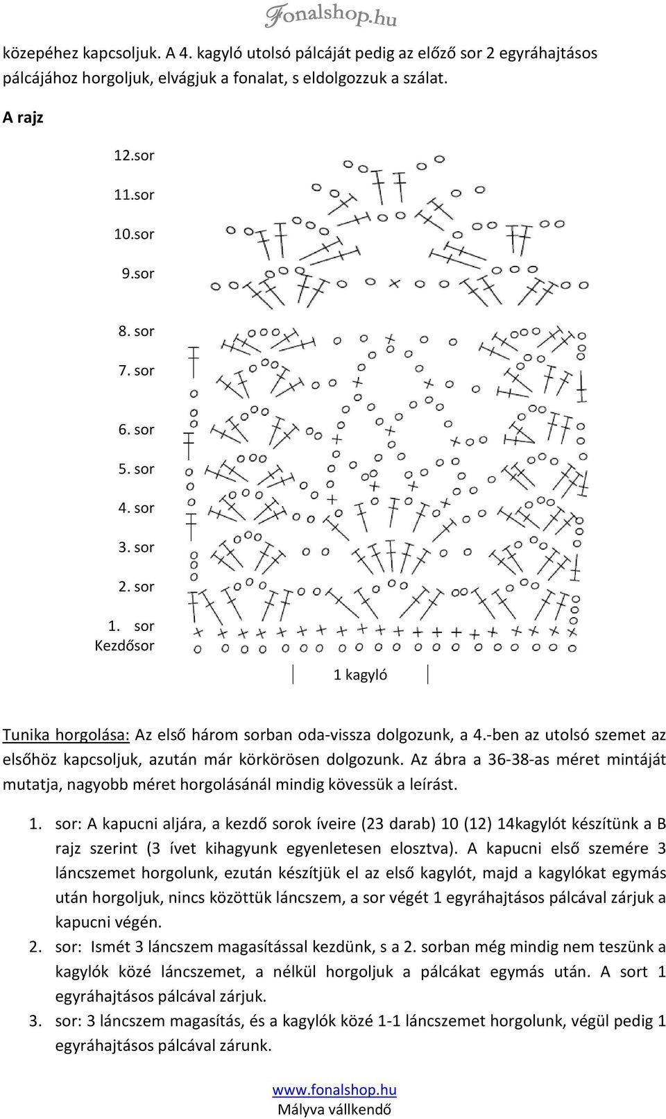 -ben az utolsó szemet az elsőhöz kapcsoljuk, azután már körkörösen dolgozunk. Az ábra a 36-38-as méret mintáját mutatja, nagyobb méret horgolásánál mindig kövessük a leírást. 1.