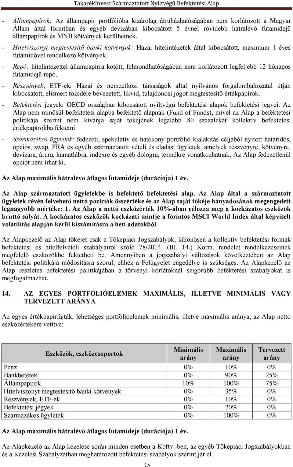 - Repó: hitelintézettel állampapírra kötött, felmondhatóságában nem korlátozott legfeljebb 12 hónapos futamidejű repó.