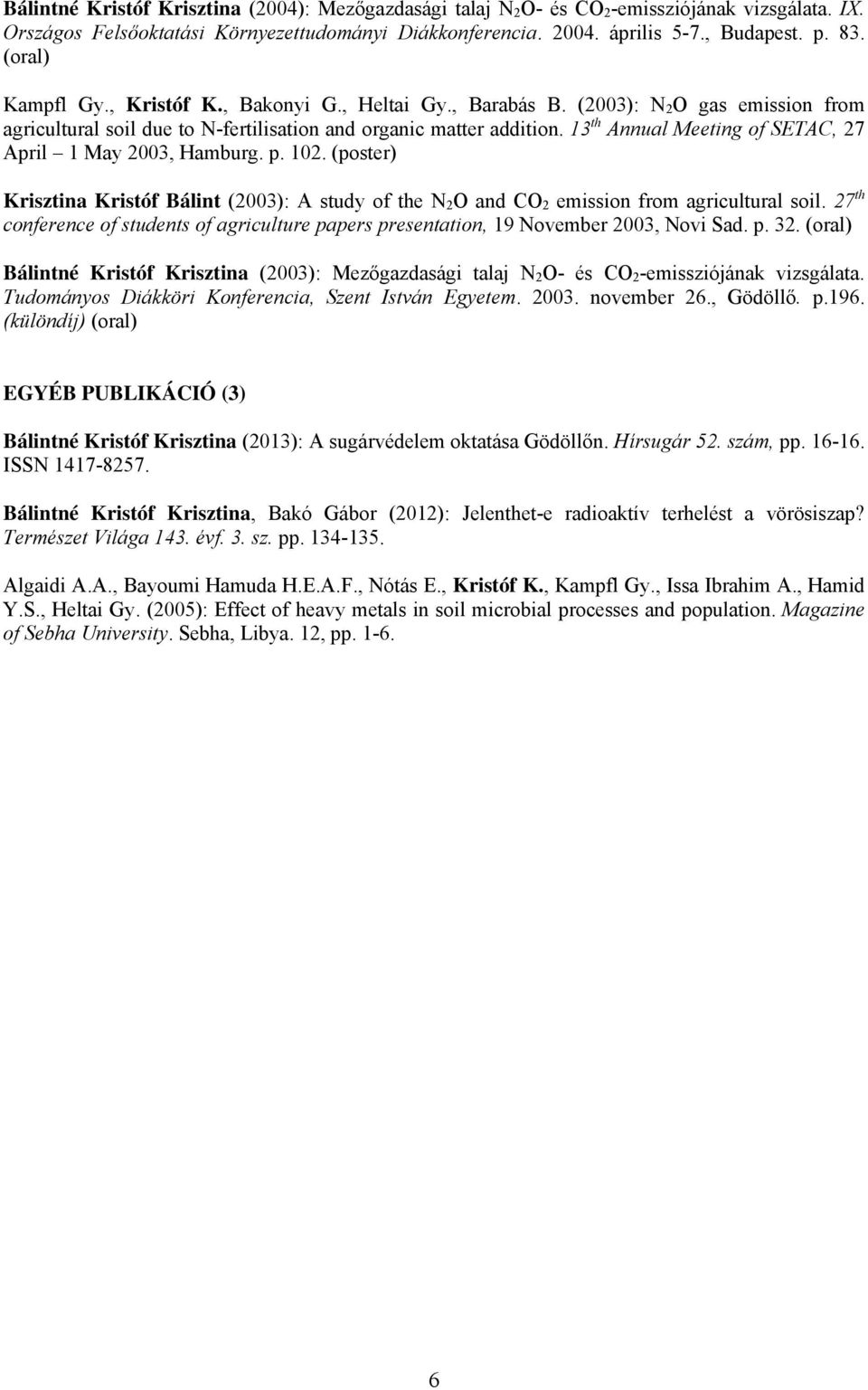 13 th Annual Meeting of SETAC, 27 April 1 May 2003, Hamburg. p. 102. (poster) Krisztina Kristóf Bálint (2003): A study of the N 2 O and CO 2 emission from agricultural soil.