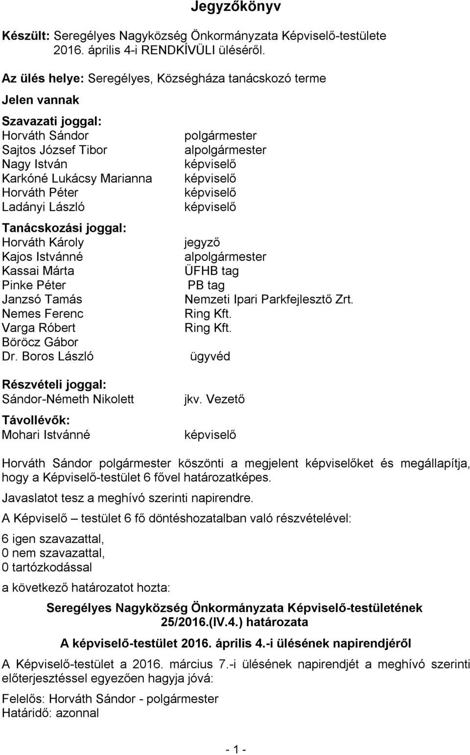 Kassai Márta Pinke Péter Janzsó Tamás Nemes Ferenc Varga Róbert Böröcz Gábor Dr. Boros László al jegyző al ÜFHB tag PB tag Nemzeti Ipari Parkfejlesztő Zrt. Ring Kft.