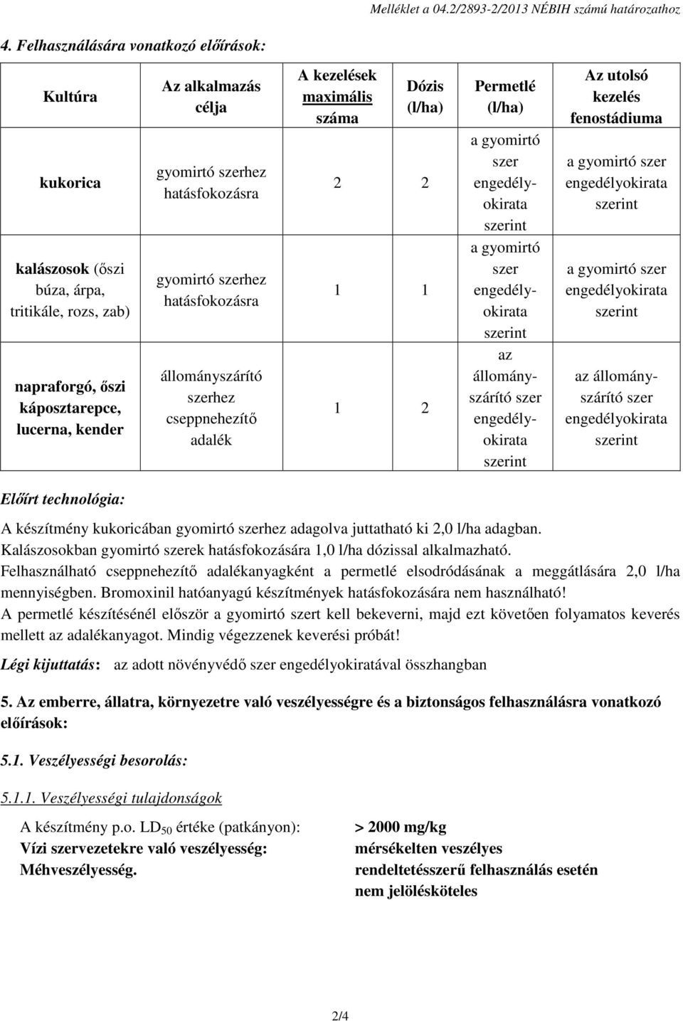 hatásfokozásra gyomirtó hez hatásfokozásra állományszárító hez cseppnehezítő adalék A kezelések maximális száma Dózis (l/ha) 2 2 1 1 1 2 Permetlé (l/ha) a gyomirtó a gyomirtó az állományszárító Az