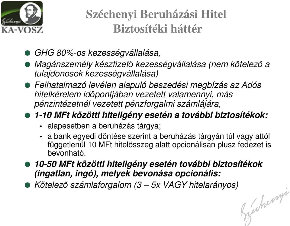 hiteligény esetén a további biztosítékok: alapesetben a beruházás tárgya; a bank egyedi döntése szerint a beruházás tárgyán túl vagy attól függetlenül 10 MFt hitelösszeg alatt