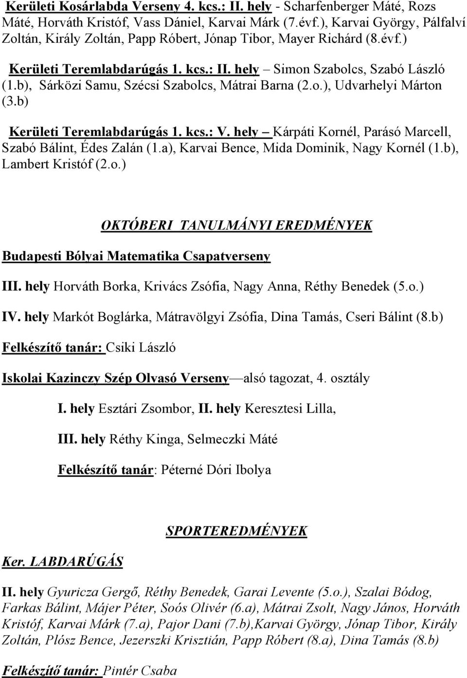 b), Sárközi Samu, Szécsi Szabolcs, Mátrai Barna (2.o.), Udvarhelyi Márton (3.b) Kerületi Teremlabdarúgás 1. kcs.: V. hely Kárpáti Kornél, Parásó Marcell, Szabó Bálint, Édes Zalán (1.