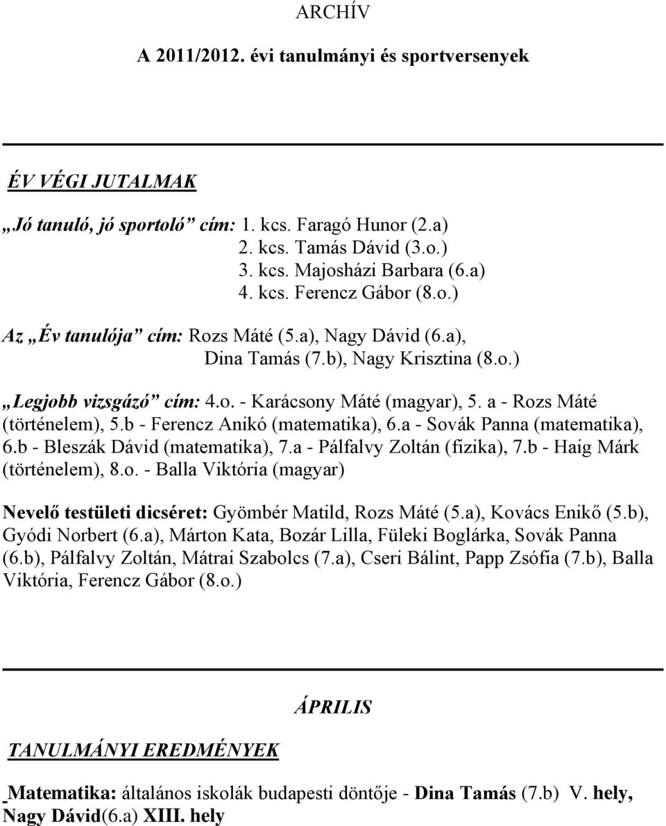 b - Ferencz Anikó (matematika), 6.a - Sovák Panna (matematika), 6.b - Bleszák Dávid (matematika), 7.a - Pálfalvy Zoltán (fizika), 7.b - Haig Márk (történelem), 8.o. - Balla Viktória (magyar) Nevelő testületi dicséret: Gyömbér Matild, Rozs Máté (5.