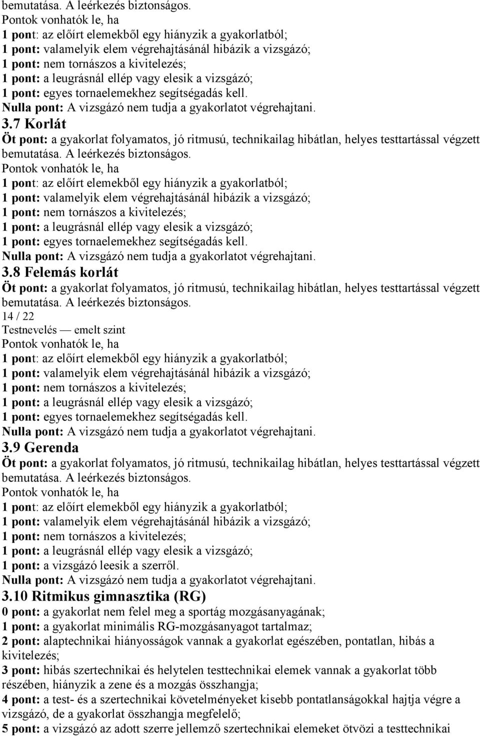 segítségadás kell. 3.7 Korlát Öt pont: a gyakorlat folyamatos, jó ritmusú, technikailag hibátlan, helyes testtartással végzett   segítségadás kell. 3.8 Felemás korlát Öt pont: a gyakorlat folyamatos, jó ritmusú, technikailag hibátlan, helyes testtartással végzett  14 / 22  segítségadás kell.