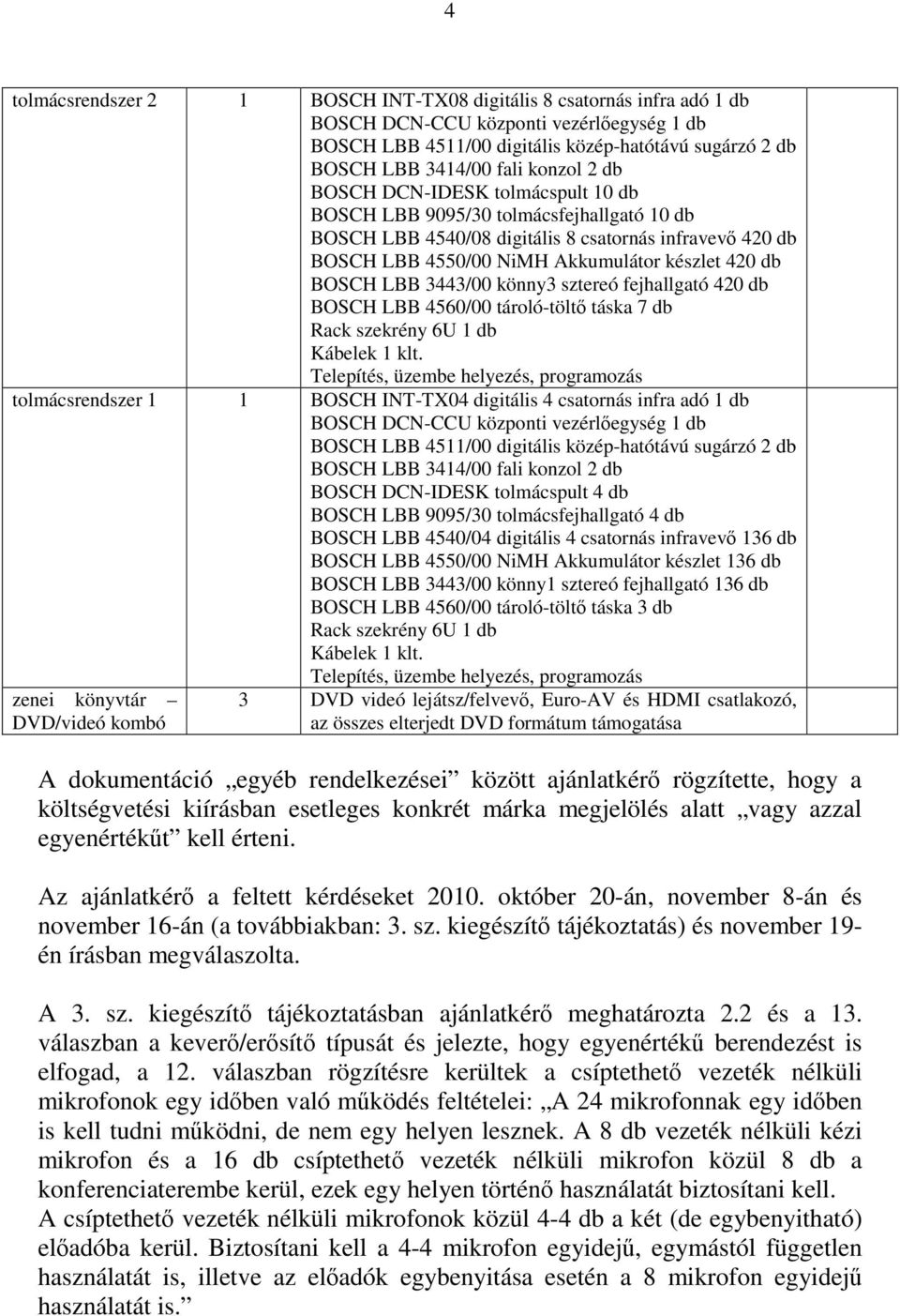 BOSCH LBB 3443/00 könny3 sztereó fejhallgató 420 db BOSCH LBB 4560/00 tároló-töltő táska 7 db Rack szekrény 6U 1 db Kábelek 1 klt.