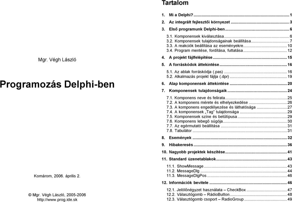 Program mentése, fordítása, futtatása...12 4. A projekt fájlfelépítése...15 5. A forráskódok áttekintése...16 5.1. Az ablak forráskódja (.pas)...16 5.2. Alkalmazás projekt fájlja (.dpr)...19 6.