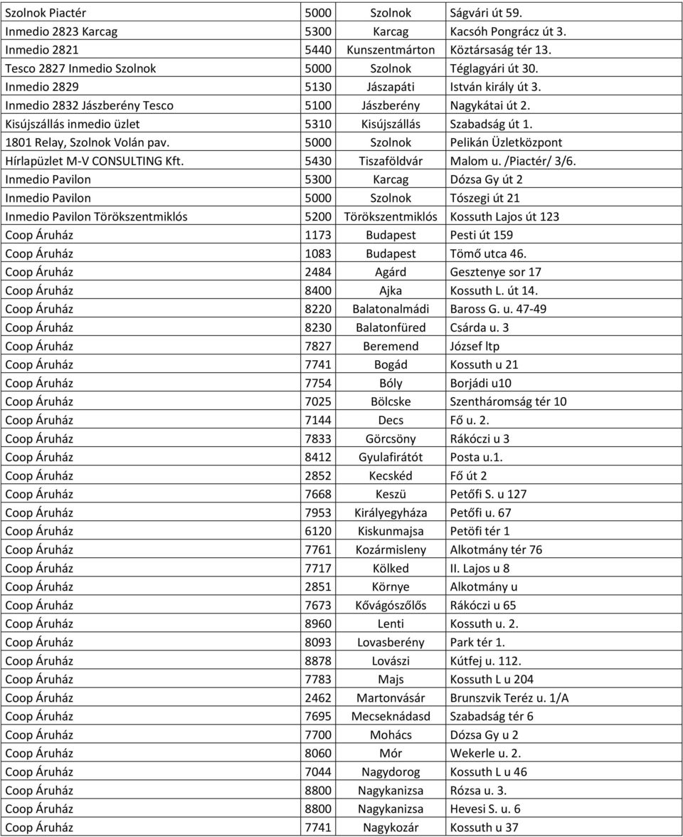 Kisújszállás inmedio üzlet 5310 Kisújszállás Szabadság út 1. 1801 Relay, Szolnok Volán pav. 5000 Szolnok Pelikán Üzletközpont Hírlapüzlet M-V CONSULTING Kft. 5430 Tiszaföldvár Malom u. /Piactér/ 3/6.