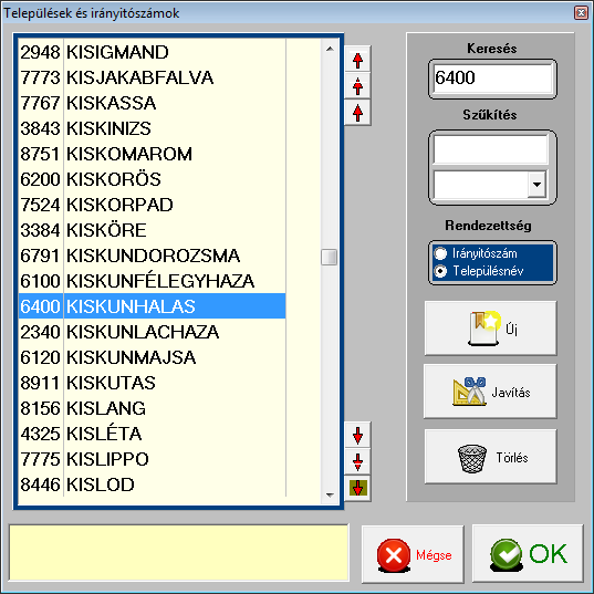 Áttettük a rendezettséget településnévre. Így az összes Kis kezdetű település egymás alá került. A k és az u betű egymás utáni lenyomása következtében a sáv már Kiskunhalas felett van kettő sorral.