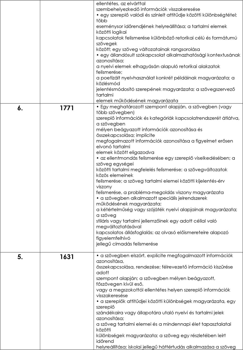 azonosítása; a nyelvi elemek elhagyásán alapuló retorikai alakzatok felismerése; a poetizált nyelvhasználat konkrét példáinak magyarázata; a közlésmód jelentésmódosító szerepének magyarázata; a