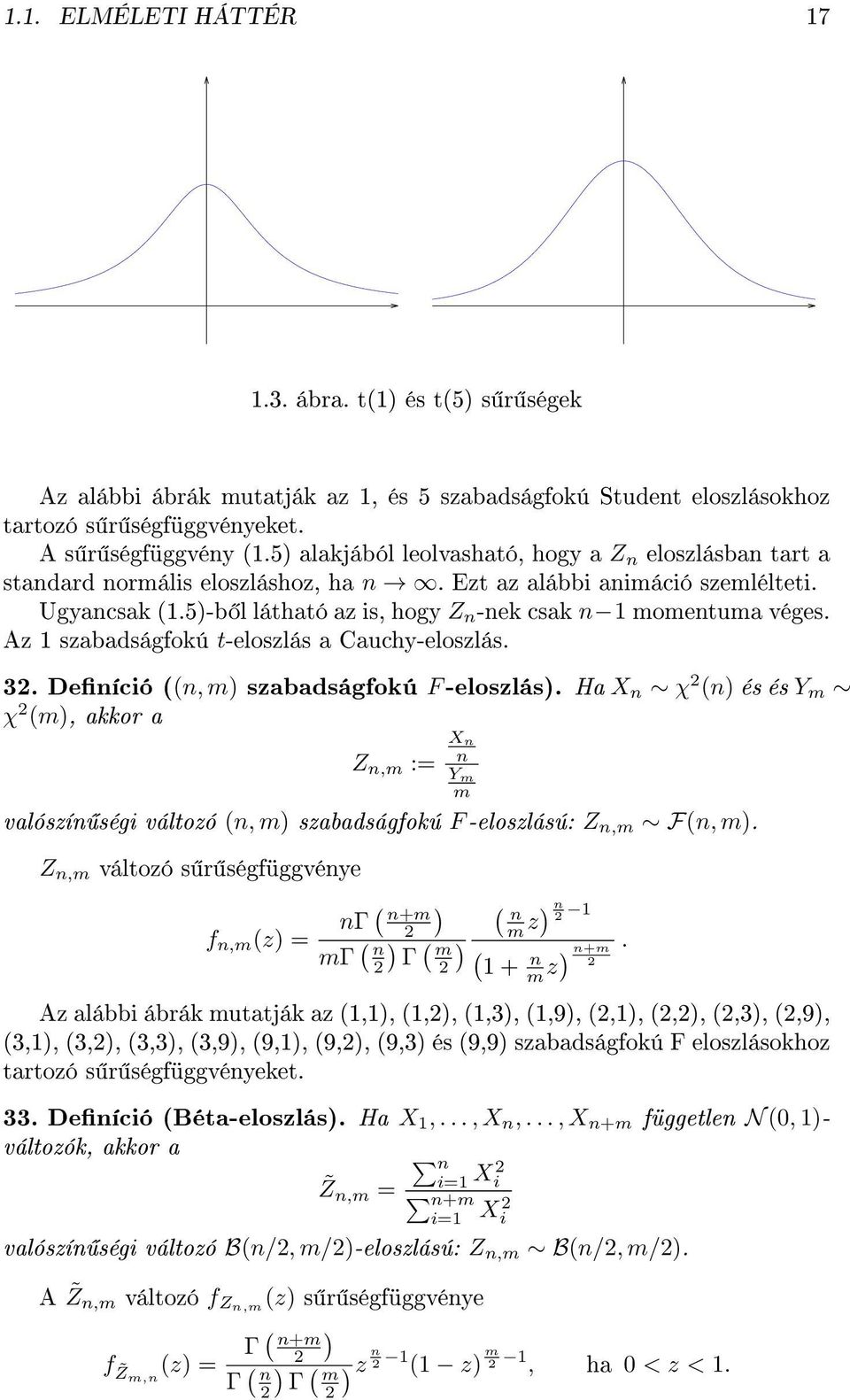 5)-b l látható az is, hogy Z n -nek csak n 1 momentuma véges. Az 1 szabadságfokú t-eloszlás a Cauchy-eloszlás. 32. Deníció ((n, m) szabadságfokú F-eloszlás).