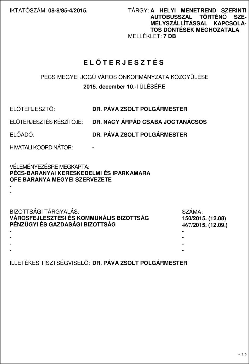 KÖZGYŰLÉSE 2015. december 10.-I ÜLÉSÉRE ELŐTERJESZTŐ: ELŐTERJESZTÉS KÉSZÍTŐJE: ELŐADÓ: DR. PÁVA ZSOLT POLGÁRMESTER DR. NAGY ÁRPÁD CSABA JOGTANÁCSOS DR.