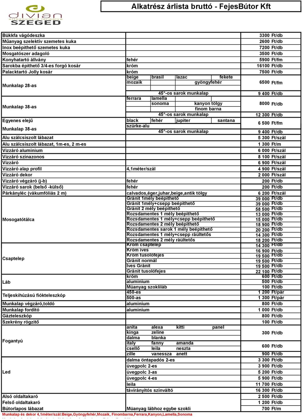 sarok munkalap 9 400 Ft/db ferrara lamella Munkalap 38-as sonoma kanyon tölgy finom barna 8000 Ft/db 45 -os sarok munkalap 12 300 Ft/db Egyenes elejű black fehér jupiter santana 6 500 Ft/fm
