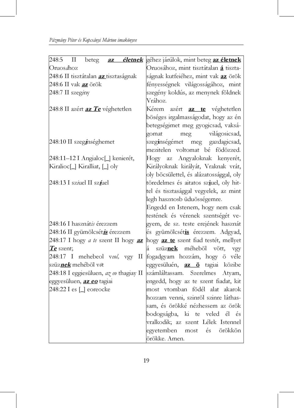 Te szent; 248:17 I mehebeol veol, vgy II szüznek mehéböl vöt 248:18 I eggiesüluen, az eo thagiay II eggyesüluen, az eo tagiai 248:22 I es [_] eoreocke géhez járúlok, mint beteg az életnek Oruosához,