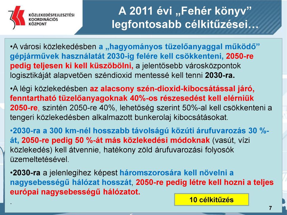 A légi közlekedésben az alacsony szén-dioxid-kibocsátással járó, fenntartható tüzelőanyagoknak 40%-os részesedést kell elérniük 2050-re, szintén 2050-re 40%, lehetőség szerint 50%-al kell csökkenteni