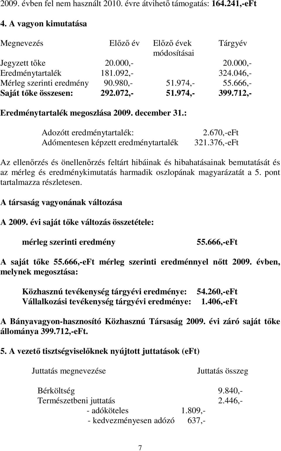 : Adozótt eredménytartalék: Adómentesen képzett eredménytartalék 2.670,-eFt 321.