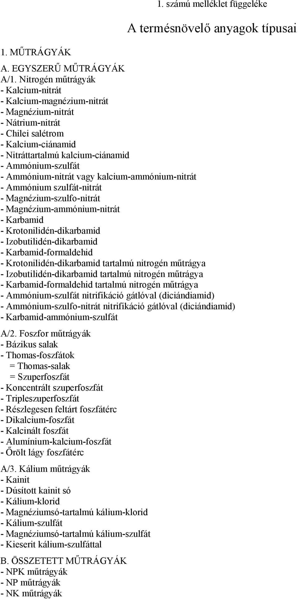 Ammónium-nitrát vagy kalcium-ammónium-nitrát - Ammónium szulfát-nitrát - Magnézium-szulfo-nitrát - Magnézium-ammónium-nitrát - Karbamid - Krotonilidén-dikarbamid - Izobutilidén-dikarbamid -