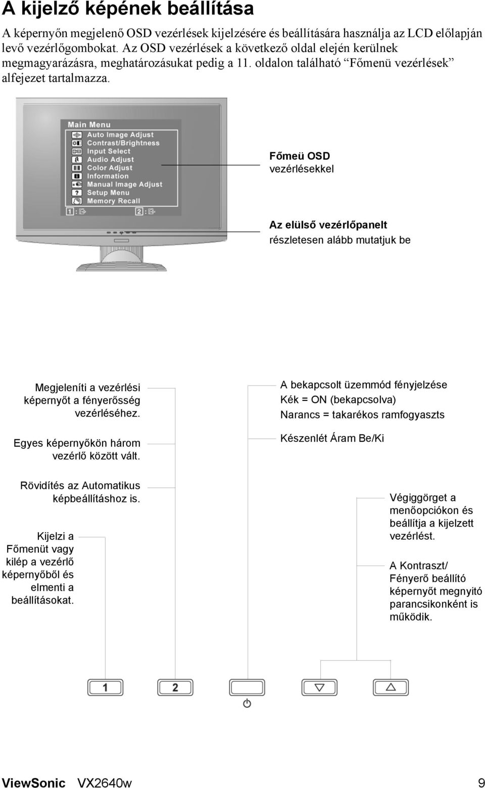 Főmeü OSD vezérlésekkel Az elülső vezérlőpanelt részletesen alább mutatjuk be Megjeleníti a vezérlési képernyőt a fényerősség vezérléséhez. Egyes képernyőkön három vezérlő között vált.