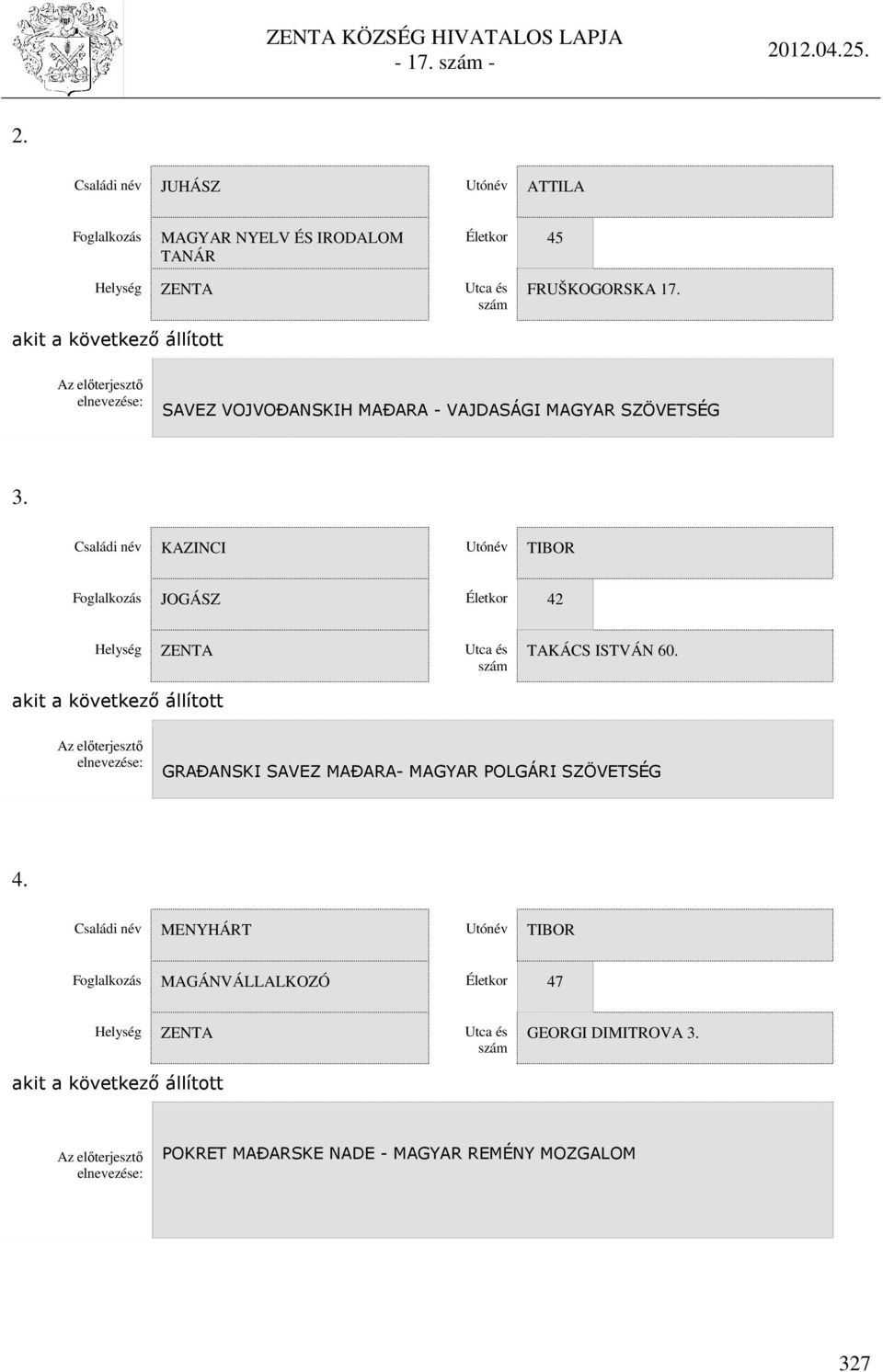 szám TAKÁCS ISTVÁN 60 akit a következő állított Az előterjesztő elnevezése: GRAĐANSKI SAVEZ MAĐARA- MAGYAR POLGÁRI SZÖVETSÉG 4 Családi név MENYHÁRT Utónév TIBOR