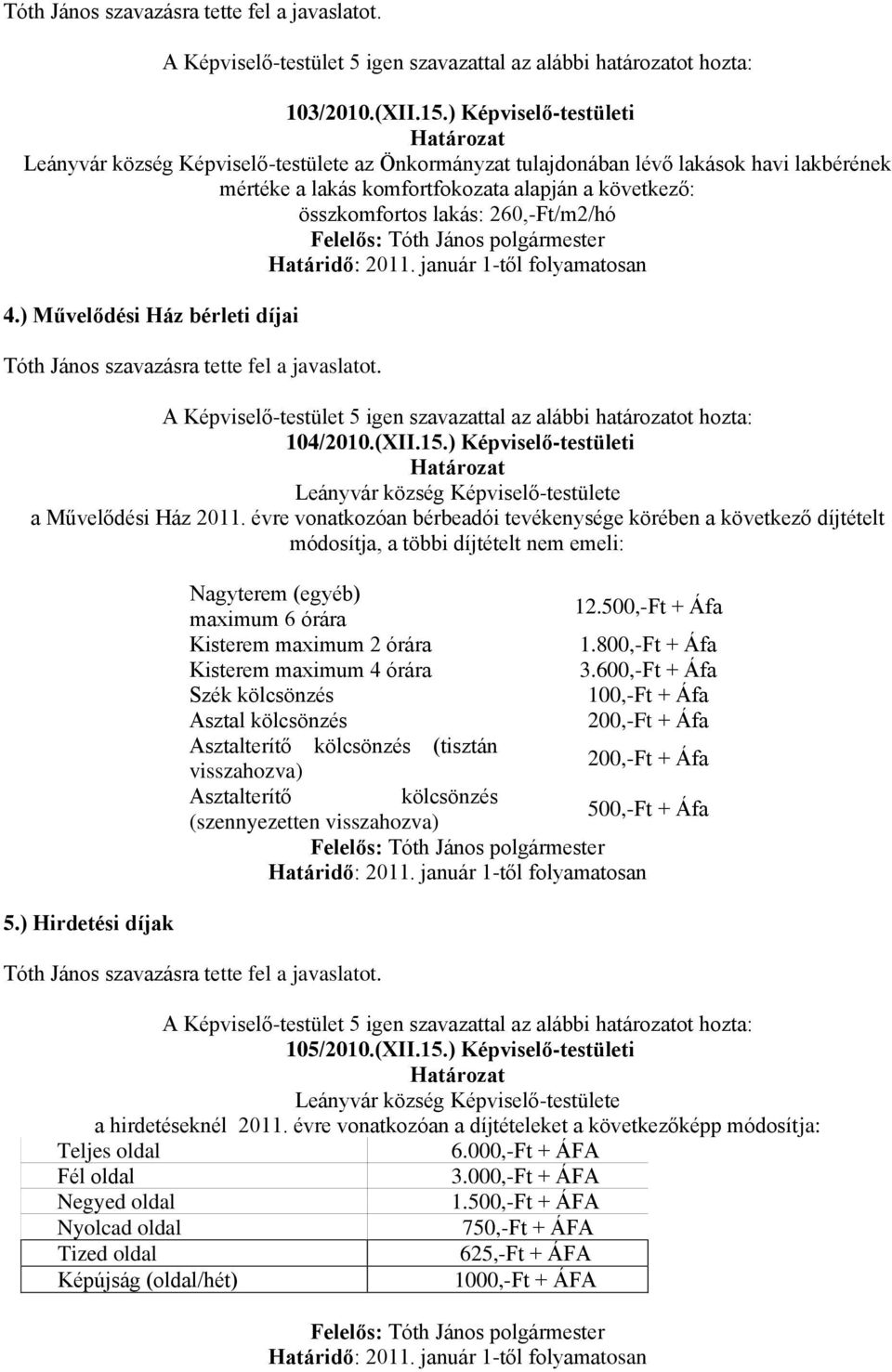 260,-Ft/m2/hó 4.) Művelődési Ház bérleti díjai 104/2010.(XII.15.) Képviselő-testületi Leányvár község Képviselő-testülete a Művelődési Ház 2011.