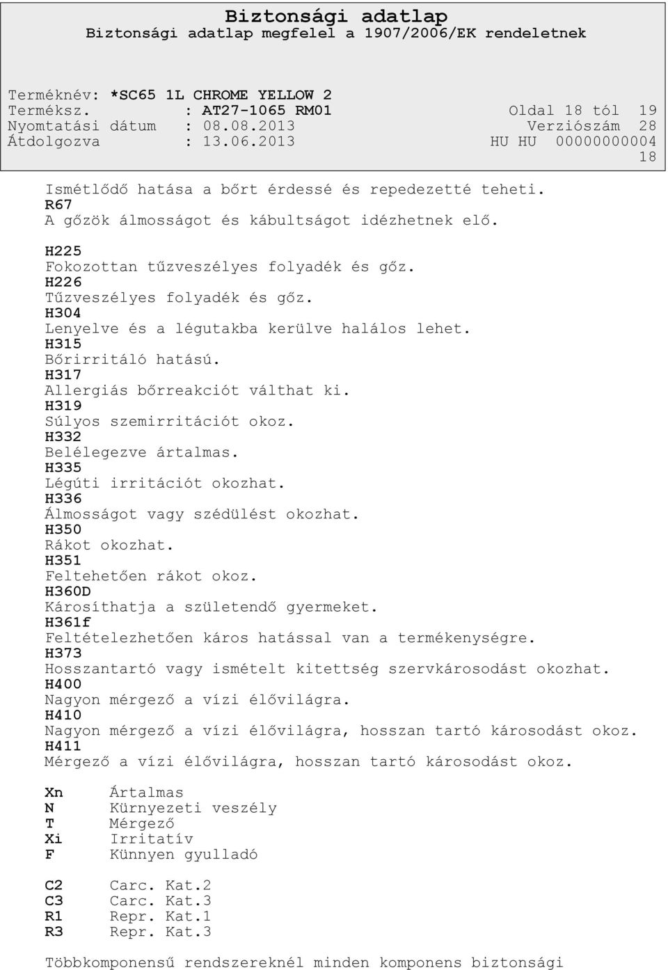 H332 Belélegezve ártalmas. H335 Légúti irritációt okozhat. H336 Álmosságot vagy szédülést okozhat. H350 Rákot okozhat. H351 Feltehetően rákot okoz. H360D Károsíthatja a születendő gyermeket.