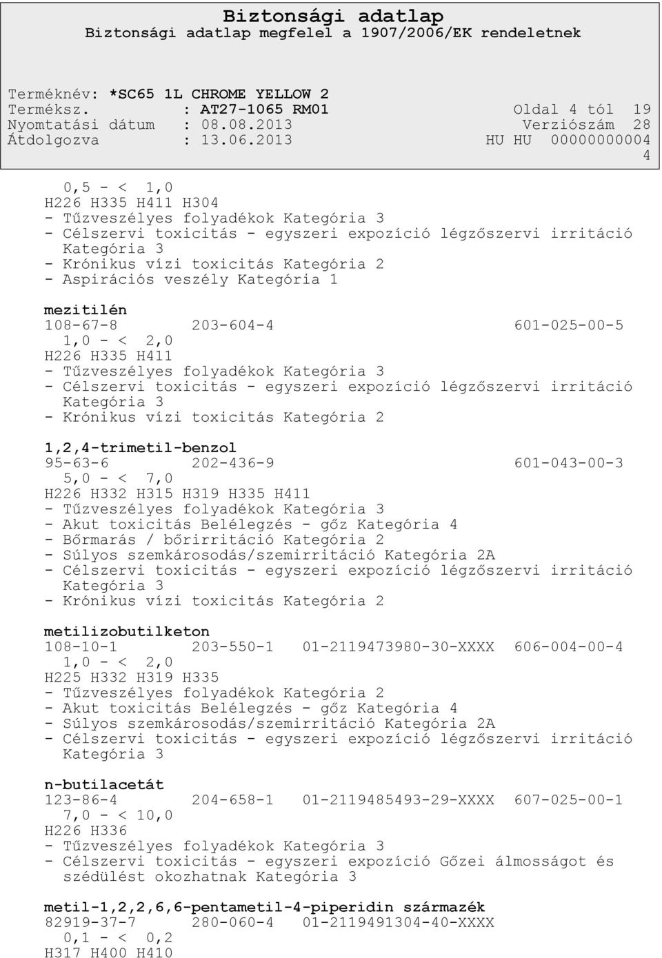 toxicitás Kategória 2 - Aspirációs veszély Kategória 1 mezitilén 108-67-8 203-604-4 601-025-00-5 1,0 - < 2,0 H226 H335 H411 - Tűzveszélyes folyadékok Kategória 3 - Célszervi toxicitás - egyszeri