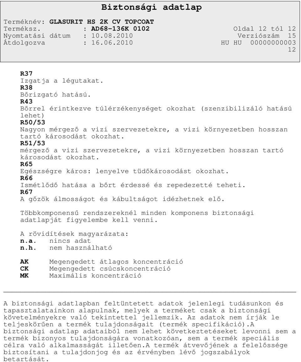 R51/53 mérgező a vizi szervezetekre, a vizi környezetben hosszan tartó károsodást okozhat. R65 Egészségre káros: lenyelve tüdőkárosodást okozhat.