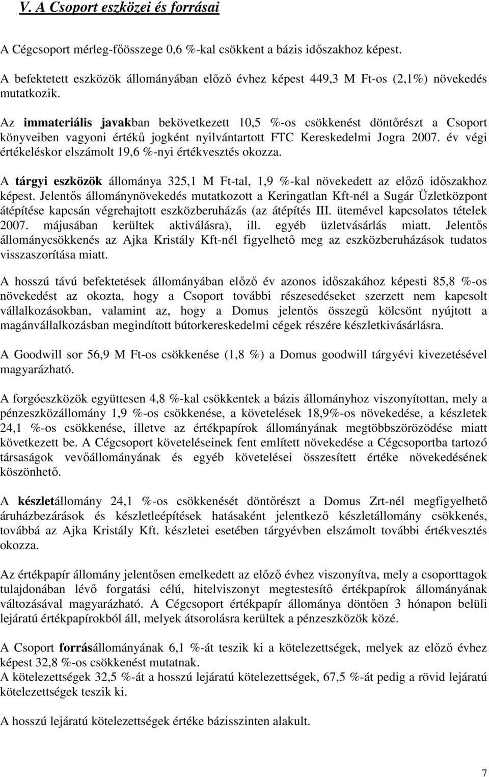 Az immateriális javakban bekövetkezett 10,5 %-os csökkenést döntırészt a Csoport könyveiben vagyoni értékő jogként nyilvántartott FTC Kereskedelmi Jogra 2007.