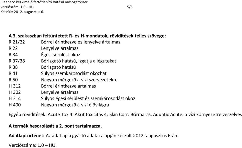 hatású, izgatja a légutakat R 38 Bőrizgató hatású R 41 Súlyos szemkárosodást okozhat R 50 Nagyon mérgező a vízi szervezetekre H 312 Bőrrel érintkezve ártalmas H 302 Lenyelve ártalmas H