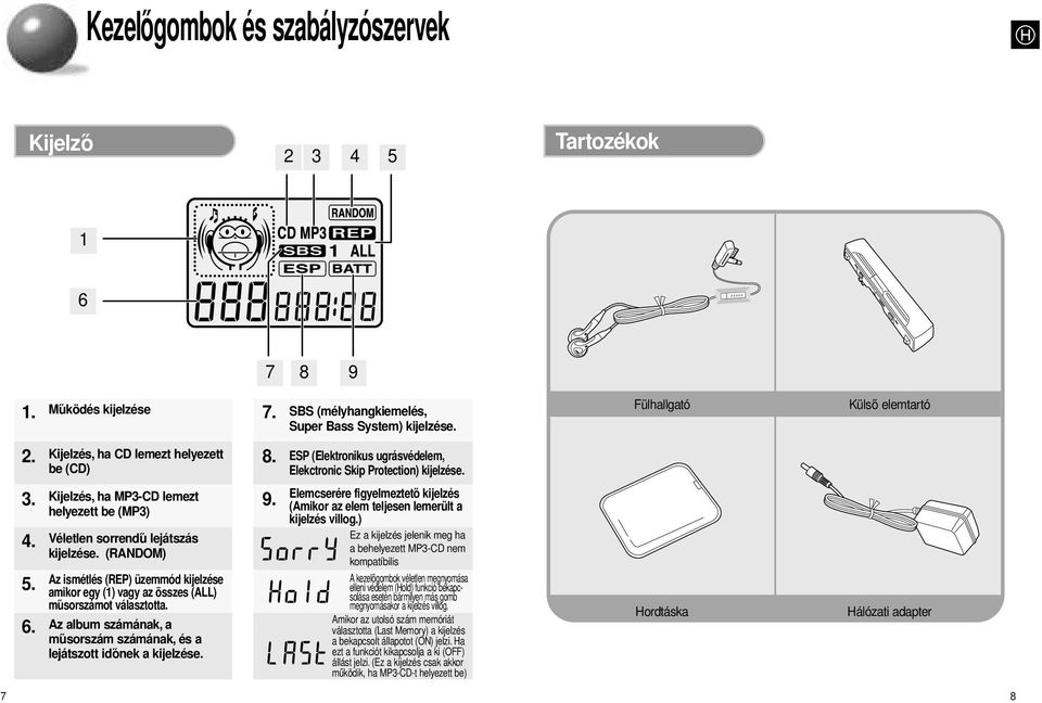 Kijelzés, ha MP3-CD lemezt helyezett be (MP3) Véletlen sorrendű lejátszás kijelzése. (RANDOM) Az ismétlés (REP) üzemmód kijelzése amikor egy (1) vagy az összes (ALL) műsorszámot választotta.