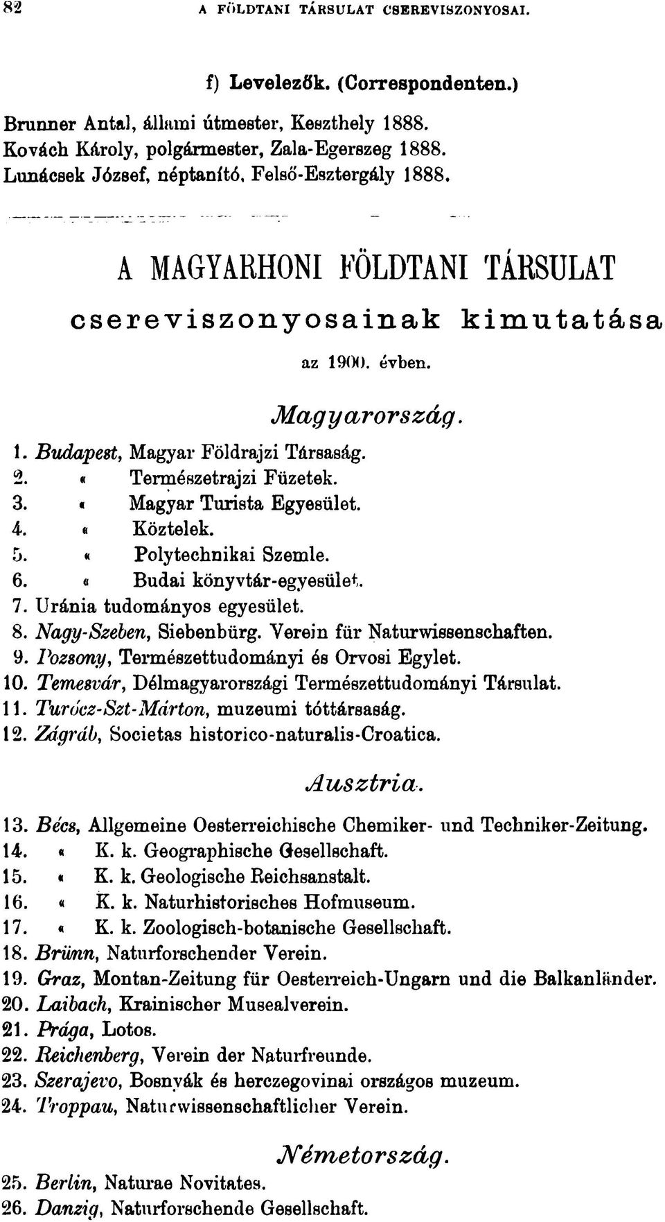 «Természetrajzi Füzetek. 3. «Magyar Turista Egyesület. 4. «Köztelek. 5. «Polytechnikai Szemle. 6. «Budai könyvtár-egyesület. 7. Uránia tudományos egyesület. 8. Nagy-Szében, Siebenbürg.