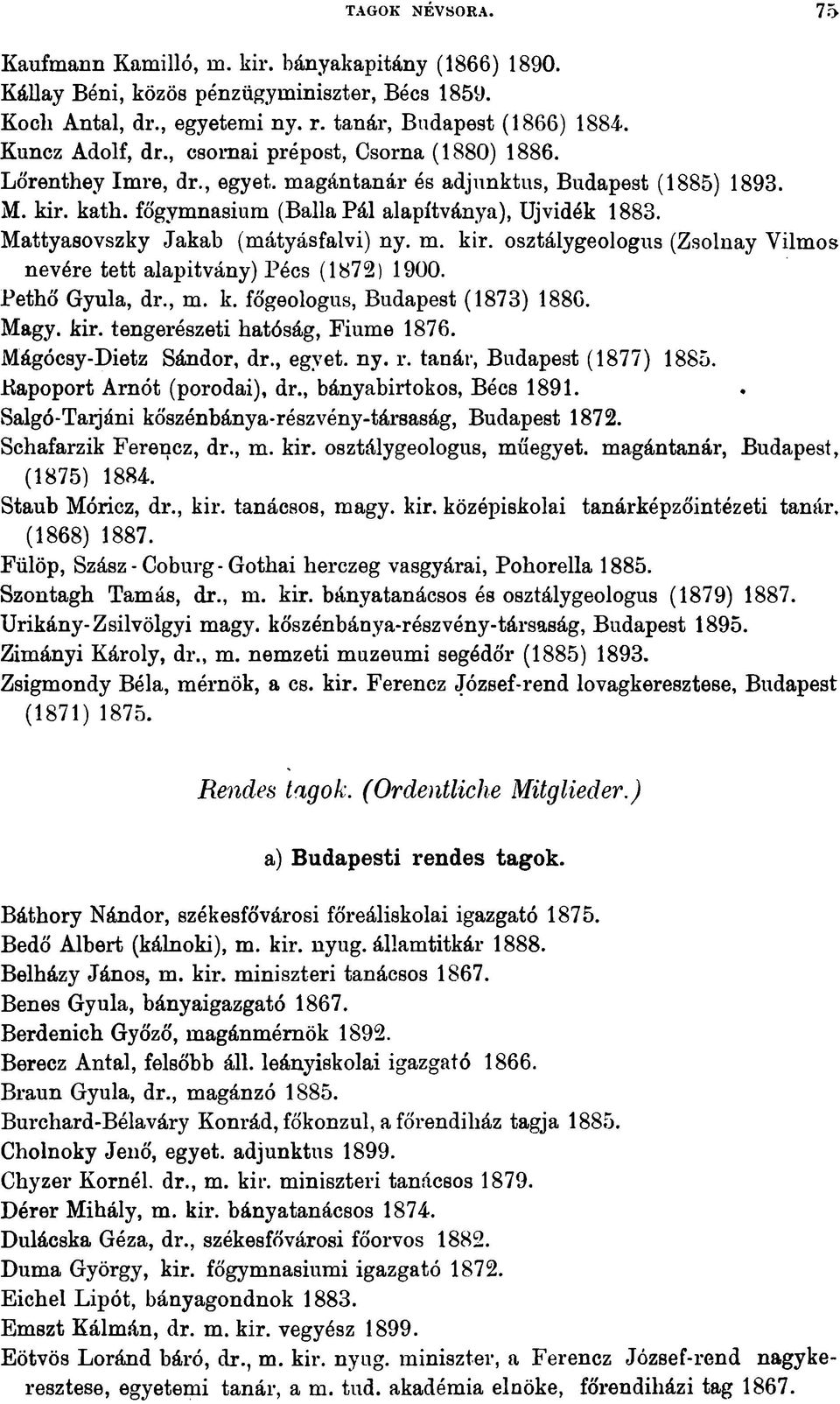 Mattyasovszky Jakab (mátyásfalvi) ny. m. kir. osztálygeologus (Zsolnay Vilmos nevére tett alapítvány) Pécs (1872) 1900. Pethő Gyula, dr., m. k. főgeologus, Budapest (1873) 188G. Magy. kir. tengerészeti hatóság, Fiume 1876.