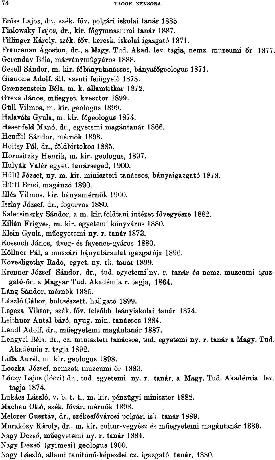 vasúti felügyelő 1878. Graenzenstein Béla, m. k. államtitkár 1872. Grexa János, műegyet. kvesztor 1899. Güll Vilmos, m. kir. geologus 1899. Halaváts Gyula, m. kir. fógeologus 1874. Hasenfeld Manó, dr.