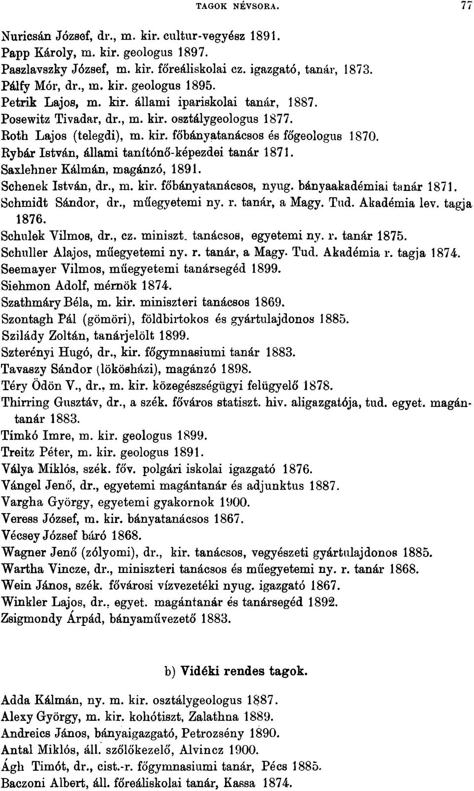 Rybár István, állami tanítónő-képezdei tanár 1871. Saxlehner Kálmán, magánzó, 1891. Schenek István, dr., m. kir. főbányatanácsos, nyug. bányaakadémiai tanár 1871. Schmidt Sándor, dr., műegyetemi ny.