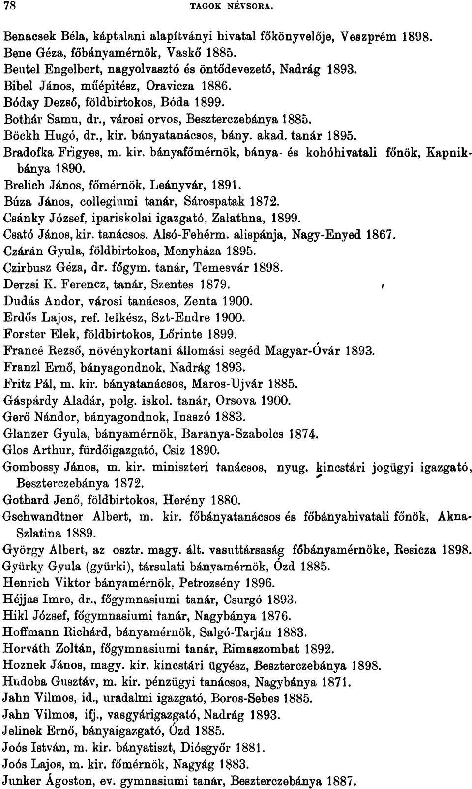 Bradofka Frigyes, m. kir. bányafőmémök, bánya- és kohóhivatali főnök, Kapnik* bánya 1890. Brelich János, főmérnök, Leányvár, 1891. Búza János, collegiumi tanár, Sárospatak 1872.