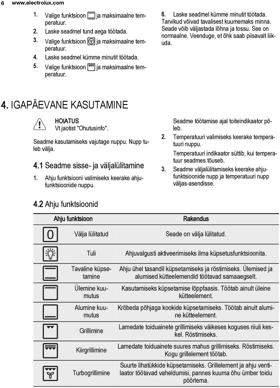 Veenduge, et õhk saab piisavalt liikuda. 4. IGAPÄEVANE KASUTAMINE HOIATUS Vt jaotist "Ohutusinfo". Seadme kasutamiseks vajutage nuppu. Nupp tuleb välja. 4.1 Seadme sisse- ja väljalülitamine 1.