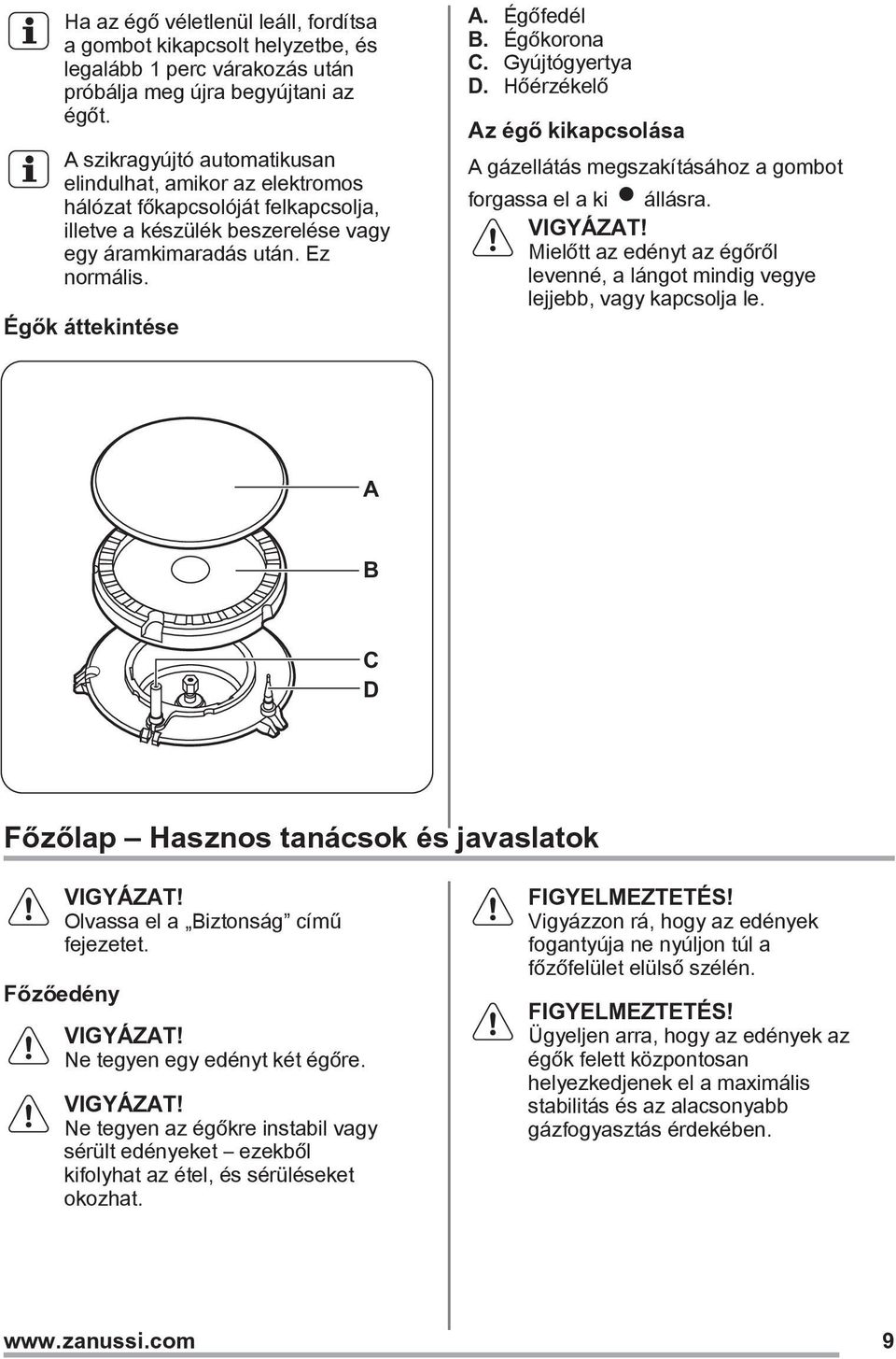 Égőfedél B. Égőkorona C. Gyújtógyertya D. Hőérzékelő Az égő kikapcsolása A gázellátás megszakításához a gombot forgassa el a ki állásra.