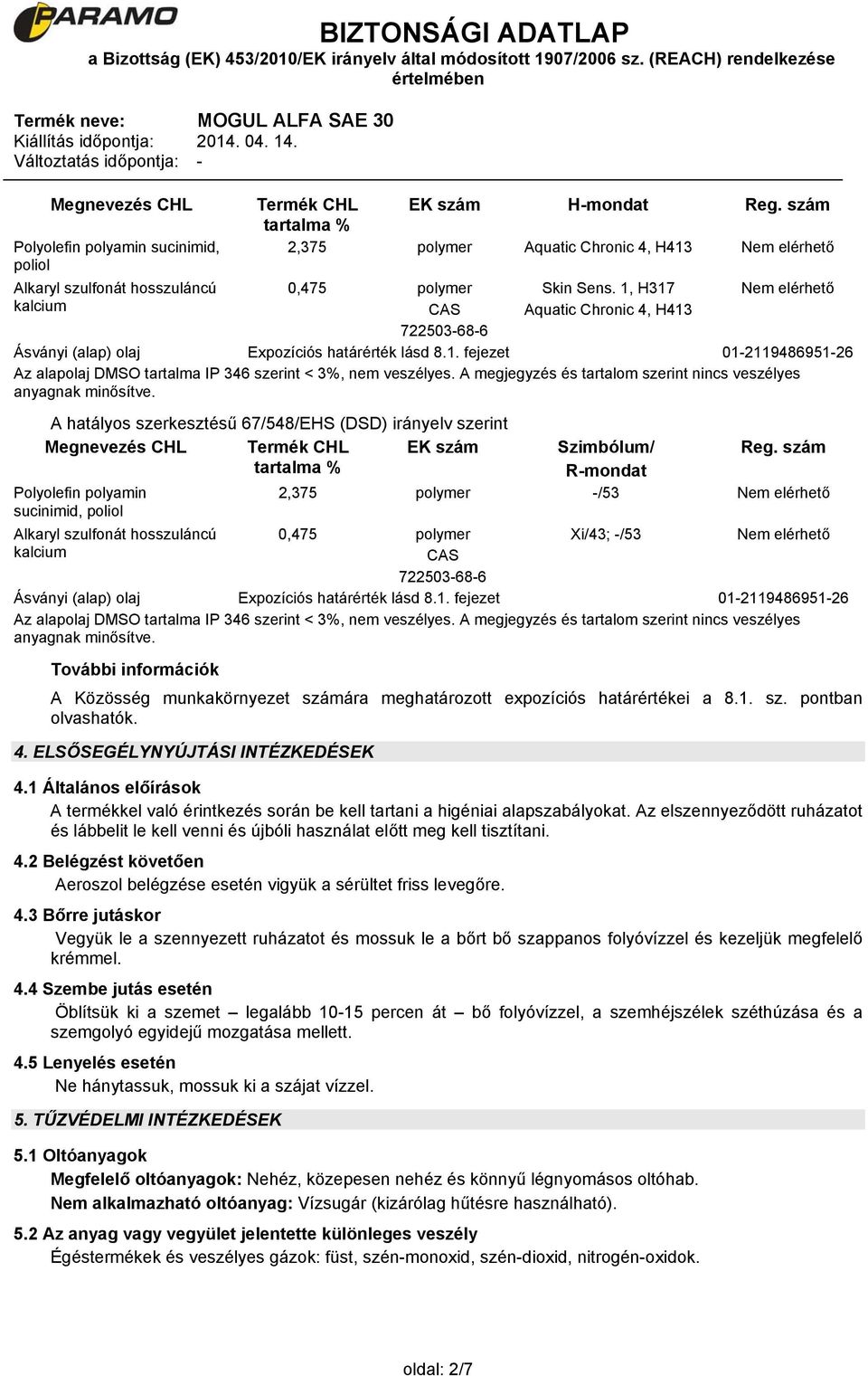 1, H317 Aquatic Chronic 4, H413 Nem elérhető Ásványi (alap) olaj Expozíciós határérték lásd 8.1. fejezet 01-2119486951-26 Az alapolaj DMSO tartalma IP 346 szerint < 3%, nem veszélyes.