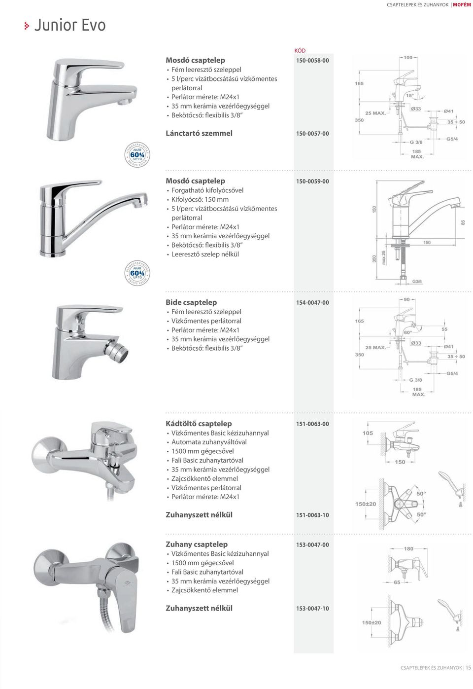 AKÁR S AV I N G UP TO WAT E R Bide csaptelep Fém leeresztő szeleppel 154-0047-00 Kádtöltő csaptelep Vízkőmentes Basic kézizuhannyal Automata zuhanyváltóval 1500 mm gégecsővel Fali Basic