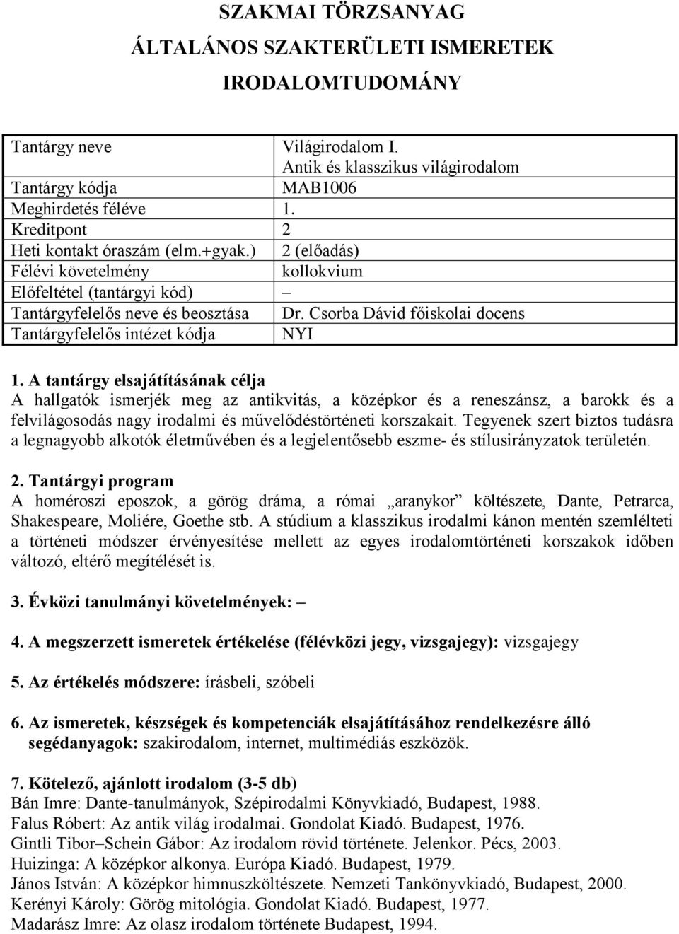 Csorba Dávid főiskolai docens A hallgatók ismerjék meg az antikvitás, a középkor és a reneszánsz, a barokk és a felvilágosodás nagy irodalmi és művelődéstörténeti korszakait.