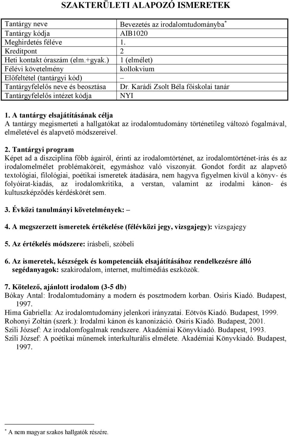 Karádi Zsolt Béla főiskolai tanár A tantárgy megismerteti a hallgatókat az irodalomtudomány történetileg változó fogalmával, elméletével és alapvető módszereivel.