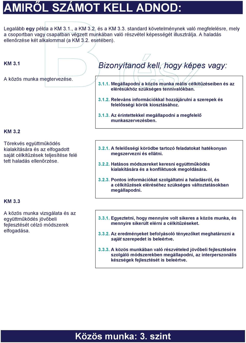 3.1.2. Releváns információkkal hozzájárulni a szerepek és felelősségi körök kiosztásához. 3.1.3. Az érintettekkel megállapodni a megfelelő munkaszervezésben. KM 3.