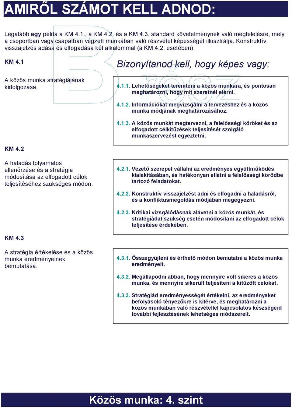 Konstruktív visszajelzés adása és elfogadása két alkalommal (a KM 4.2. esetében). KM 4.1 A közös munka stratégiájának kidolgozása. Bizonyítanod kell, hogy képes vagy: 4.1.1. Lehetőségeket teremteni a közös munkára, és pontosan meghatározni, hogy mit szeretnél elérni.